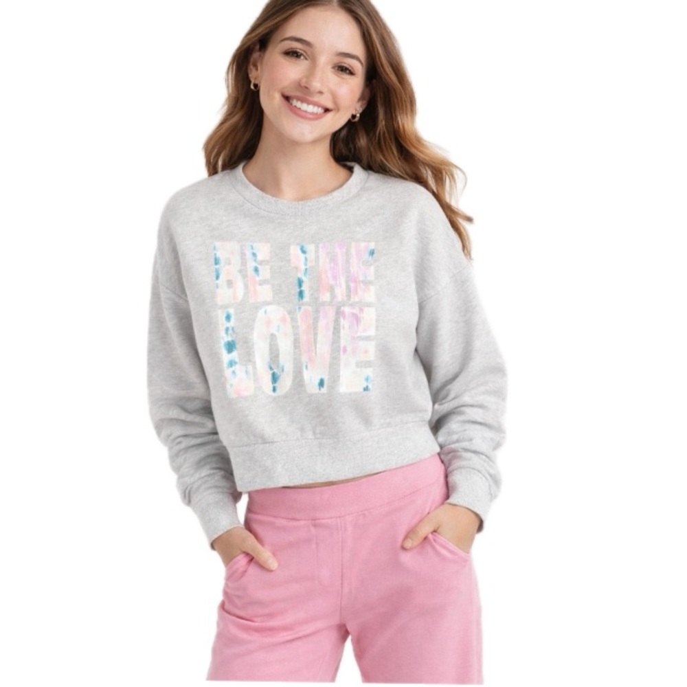 Old Navy, “Be The Love” Cropped Sweatshirt Pink Pastel Graphic, Size L